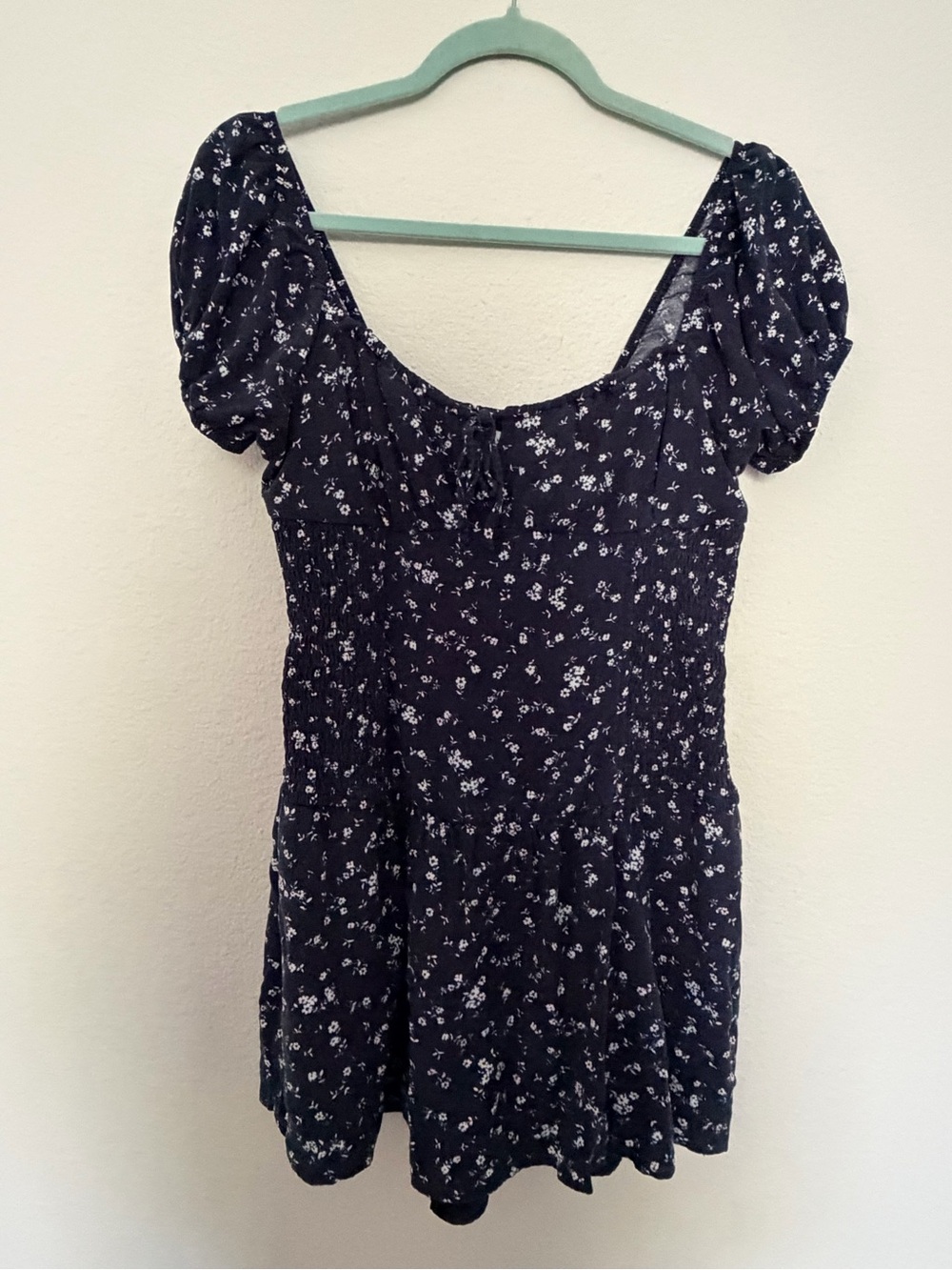 Hollister Navy and White Floral Puff-Sleeve Romper